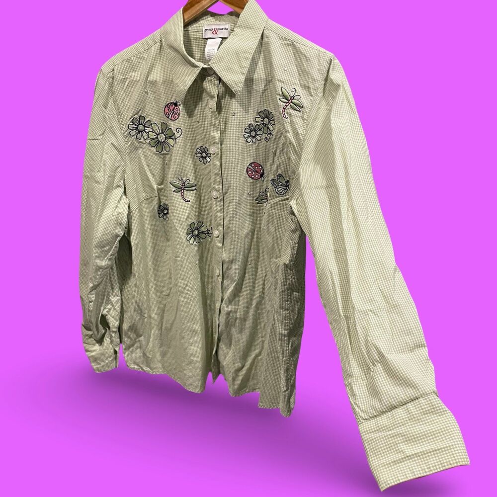 Cute sage gingham ladybug dragonfly bling embroidered blouse 90s cottagecore